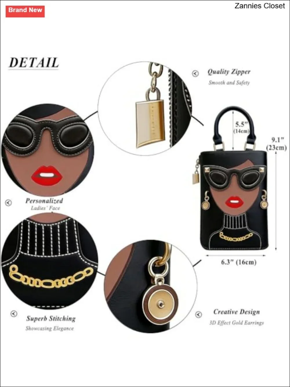PU Leather Satchel Handbag with 3D Lady Face Charm and Gold Plated Accents